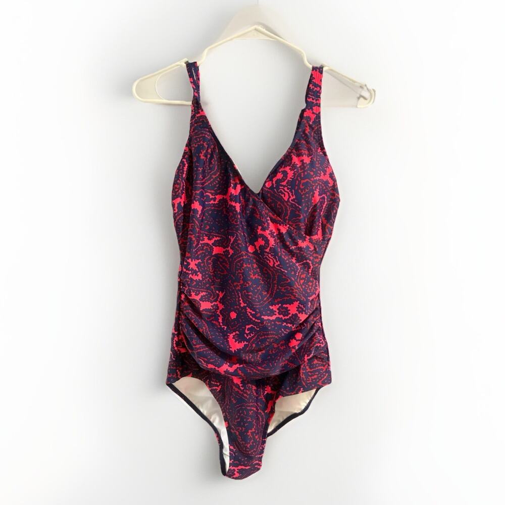 Boden Women's Ruched Halter One Piece Swimsuit Sz 8 Long Pink Navy Paisley